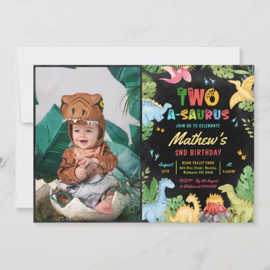 Dinosaurus Two-A-Saurus 2e verjaardag Party Foto Kaart (Voorkant)
