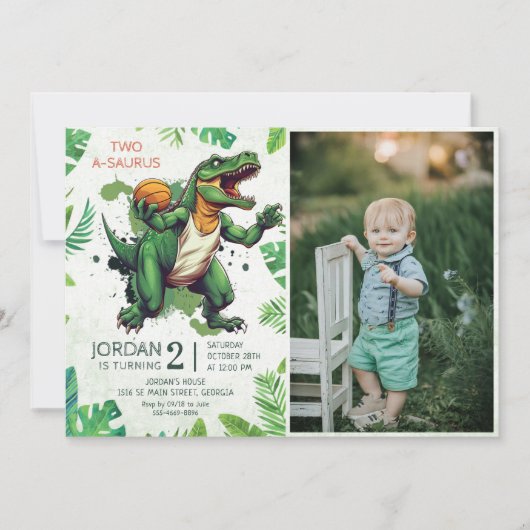 Dinosaurus Two-A-Saurus 2e verjaardag Party Foto Kaart (Voorkant)