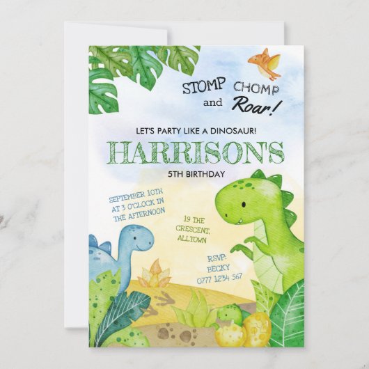 Dinosaurus Uitnodiging Stomp, Chomp & Roar! (Voorkant)