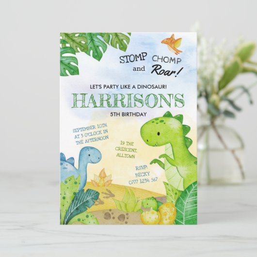 Dinosaurus Uitnodiging Stomp, Chomp & Roar! (Staand voorkant)