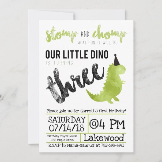 Dinosaurus Uitnodiging Stomp en Chomp Derde Verjaa (Voorkant)