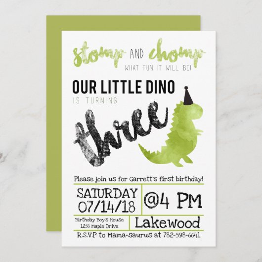 Dinosaurus Uitnodiging Stomp en Chomp Derde Verjaa (Voorkant / Achterkant)