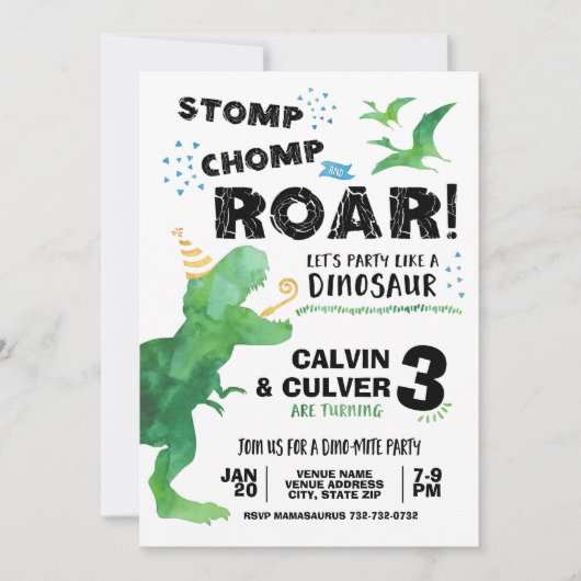 Dinosaurus uitnodiging voor dubbele verjaardag (Voorkant)
