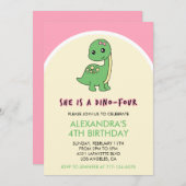 dinosaurus uitnodigingen meisje 4e verjaardag roze (Voorkant / Achterkant)