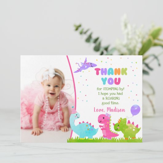 Dinosaurus verjaardag bedankkaartjes voor meisje kaart (Staand voorkant)