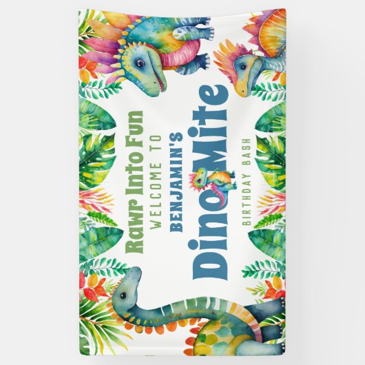 Dinosaurus Verjaardag Dino-mite Tropisch Welkomstf Spandoek (Verticaal)