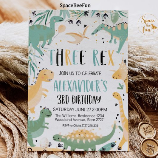 Dinosaurus Verjaardag Drie Rex Uitnodiging Jongen