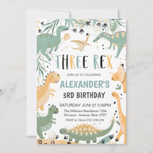 Dinosaurus Verjaardag Drie Rex Uitnodiging Jongen  (Voorkant)