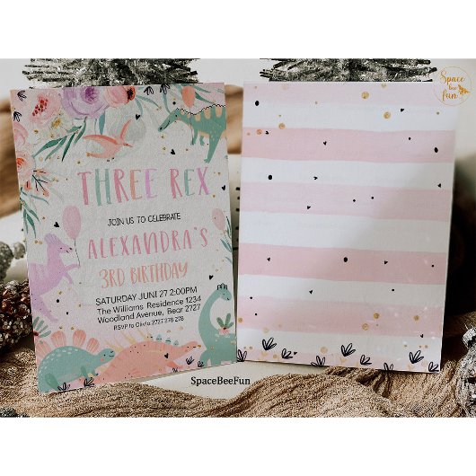 Dinosaurus verjaardag drie rex uitnodiging meisje 