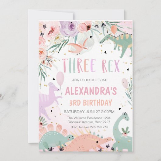 Dinosaurus verjaardag drie rex uitnodiging meisje (Voorkant)