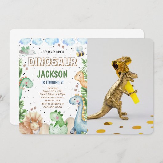 Dinosaurus verjaardag foto uitnodiging (Voorkant / Achterkant)