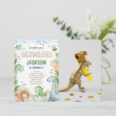 Dinosaurus verjaardag foto uitnodiging (Staand voorkant)