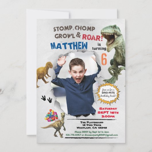 Dinosaurus verjaardag foto uitnodiging rustiek (Voorkant)