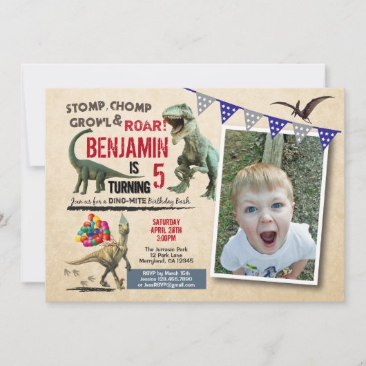 Dinosaurus verjaardag foto uitnodiging rustiek (Voorkant)