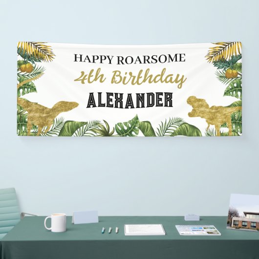 Dinosaurus Verjaardag Goud Roarsome Spandoek (Beurs)
