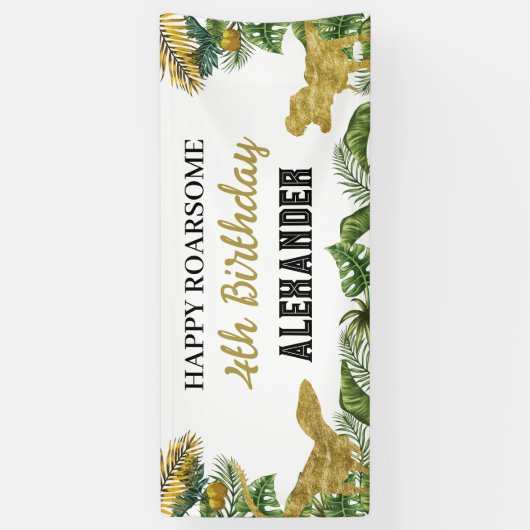 Dinosaurus Verjaardag Goud Roarsome Spandoek (Verticaal)