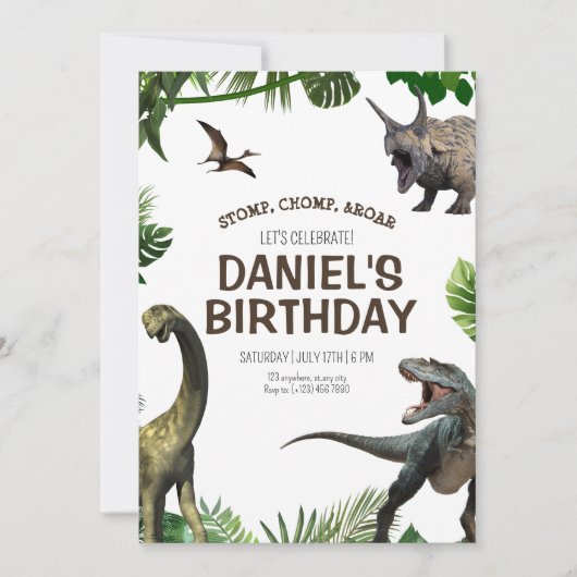 Dinosaurus verjaardag Jurassic Stomp Chomp en Roar Kaart (Voorkant)
