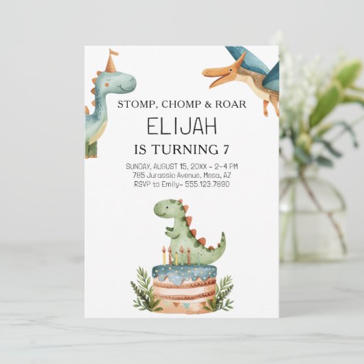 Dinosaurus Verjaardag Kinder Partij Kaart (Staand voorkant)
