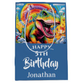 Dinosaurus verjaardag kleurrijk blauw medium cadeauzakje (Voorkant)