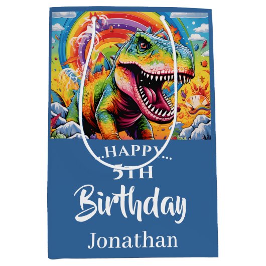 Dinosaurus verjaardag kleurrijk blauw medium cadeauzakje (Voorkant)