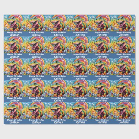 Dinosaurus verjaardag kleurrijke schattig cadeaupapier (Vlak)