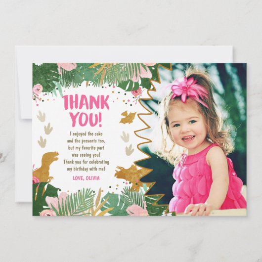 Dinosaurus Verjaardag Meisje Goud Roze Laat Dank U Kaart (Voorkant)