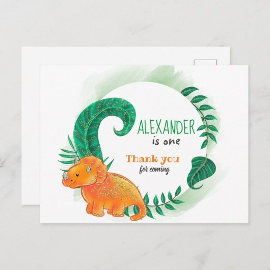 Dinosaurus Verjaardag | Oranje Triceratops Dank u Briefkaart (Voorkant / Achterkant)