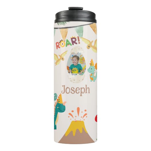 Dinosaurus Verjaardag Reismok – Aangepaste Foto & Thermosbeker (Voorkant)