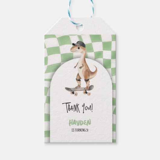 Dinosaurus Verjaardag Retro T Rex Geruit Cadeaulabel (Voorkant)