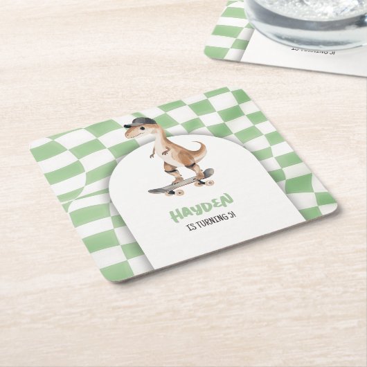 Dinosaurus Verjaardag Retro T Rex Geruit Kartonnen Onderzetters (Schuin)