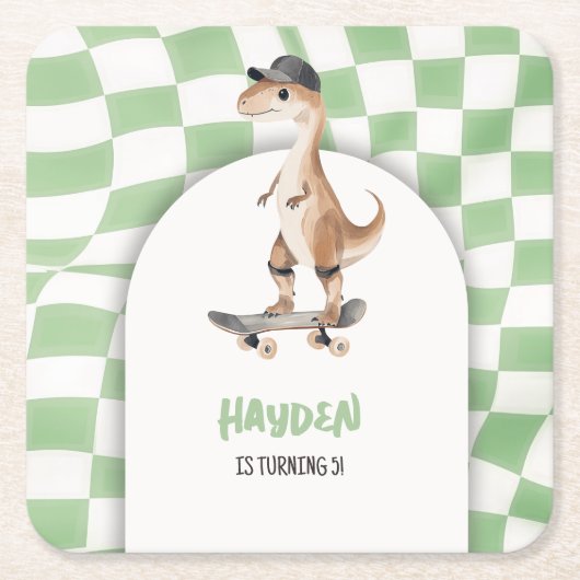 Dinosaurus Verjaardag Retro T Rex Geruit Kartonnen Onderzetters (Voorkant)