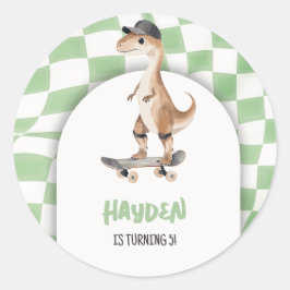 Dinosaurus Verjaardag Retro T Rex Geruit Ronde Sticker