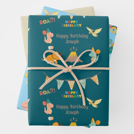 Dinosaurus Verjaardag Thema – Aangepaste Naam & Fo Inpakpapier Vel (In situ)