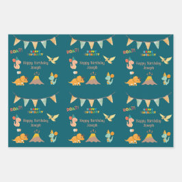 Dinosaurus Verjaardag Thema – Aangepaste Naam & Fo Inpakpapier Vel