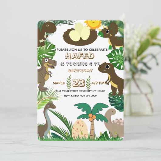 Dinosaurus Verjaardag Uitnodiging: Dino Adventure, Feestdagenkaart (Staand voorkant)