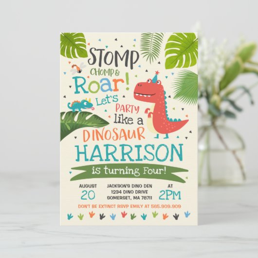 Dinosaurus Verjaardag Uitnodiging Dinosaurus Roar  (Staand voorkant)