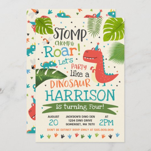 Dinosaurus Verjaardag Uitnodiging Dinosaurus Roar  (Voorkant / Achterkant)