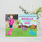 Dinosaurus Verjaardag Uitnodiging Meisje, 1e Verja (Staand voorkant)