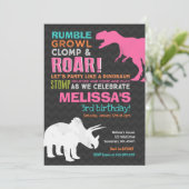 Dinosaurus Verjaardag Uitnodiging Meisje Dinosauru (Staand voorkant)