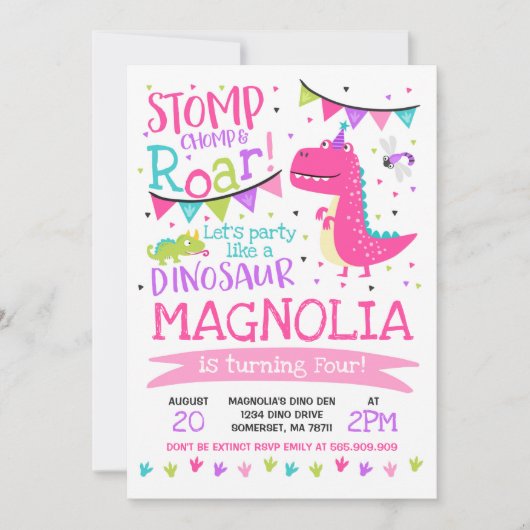 Dinosaurus Verjaardag Uitnodiging Meisje Dinosauru (Voorkant)