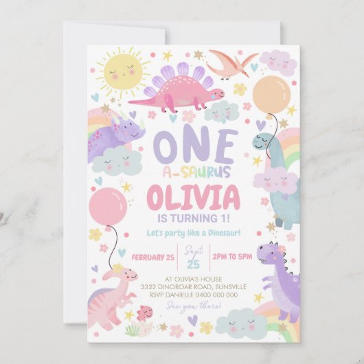 DINOSAURUS VERJAARDAG Uitnodiging Meisje One-a-sau (Voorkant)