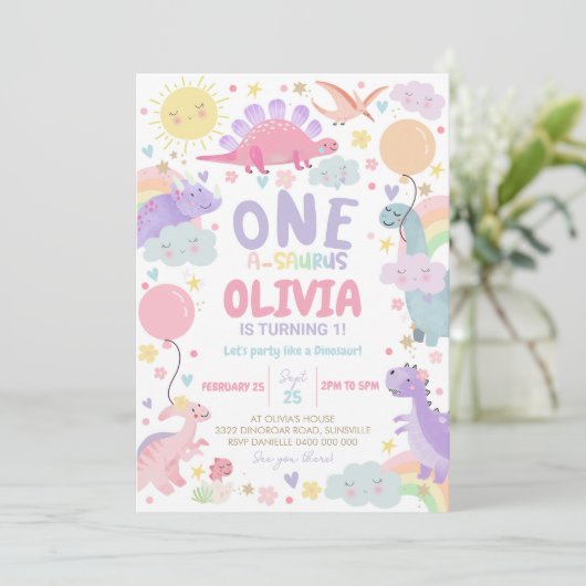 DINOSAURUS VERJAARDAG Uitnodiging Meisje One-a-sau (Staand voorkant)