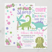 Dinosaurus Verjaardag Uitnodiging Meisje Roze Dino (Voorkant / Achterkant)