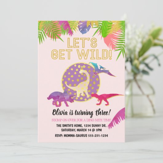 Dinosaurus Verjaardag Uitnodiging Meisje Verjaarda (Staand voorkant)