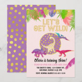 Dinosaurus Verjaardag Uitnodiging Meisje Verjaarda (Voorkant / Achterkant)