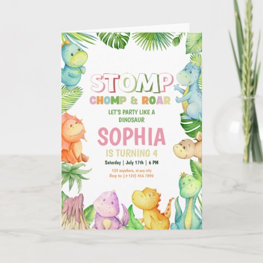 Dinosaurus Verjaardag Uitnodiging Meisjes Dino Ver (Voorkant)