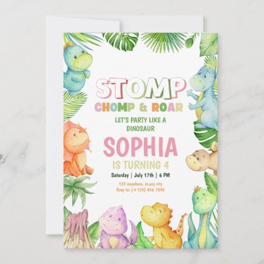 Dinosaurus Verjaardag Uitnodiging Meisjes Dino Ver (Voorkant)