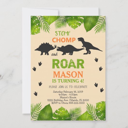 Dinosaurus Verjaardag Uitnodiging met Bladeren (Voorkant)
