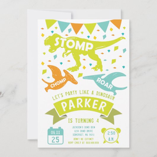 Dinosaurus Verjaardag Uitnodiging Modern Kleurrijk (Voorkant)