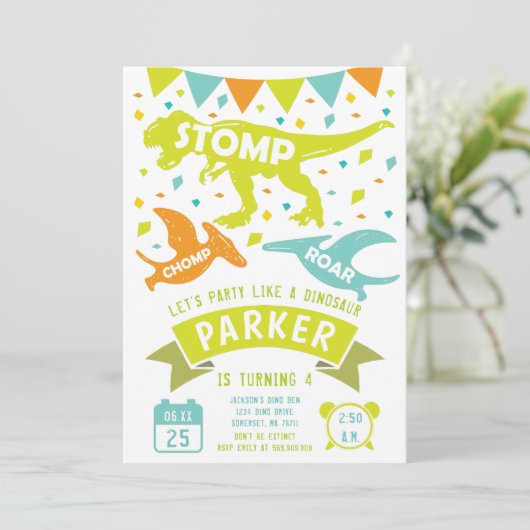 Dinosaurus Verjaardag Uitnodiging Modern Kleurrijk (Staand voorkant)